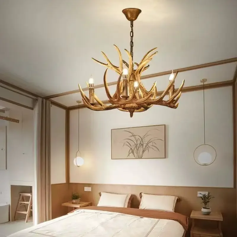 2026 Retro Resin Antler Pendant Chandelier Living Room Restaurant Bar 4/6/9 Arms Brown White E14 Deer Horn Lights House Decorat
