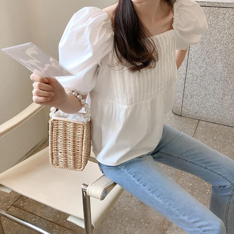 Biyaby Women\'s White Shirt Korean Style Loose Square Collar Puff Sleeve Blouse Female 2023 Summer Sweet Tunic Folds Shirts Woman