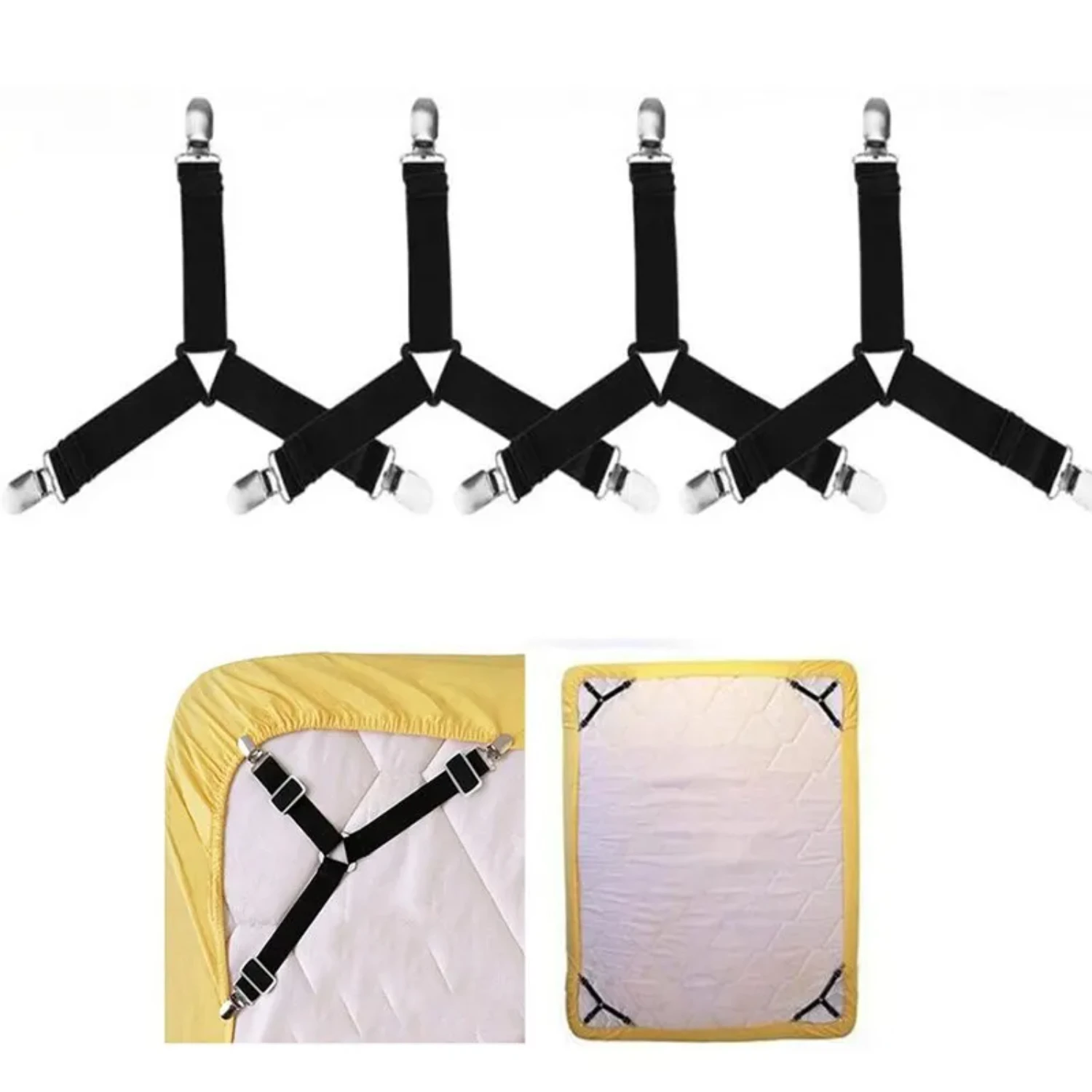 Secure and Durable Set of 4 Adjustable Elastic Straps - Prevent Sheets from Slipping - Handy Bed Sheet Organizer with Fasteners