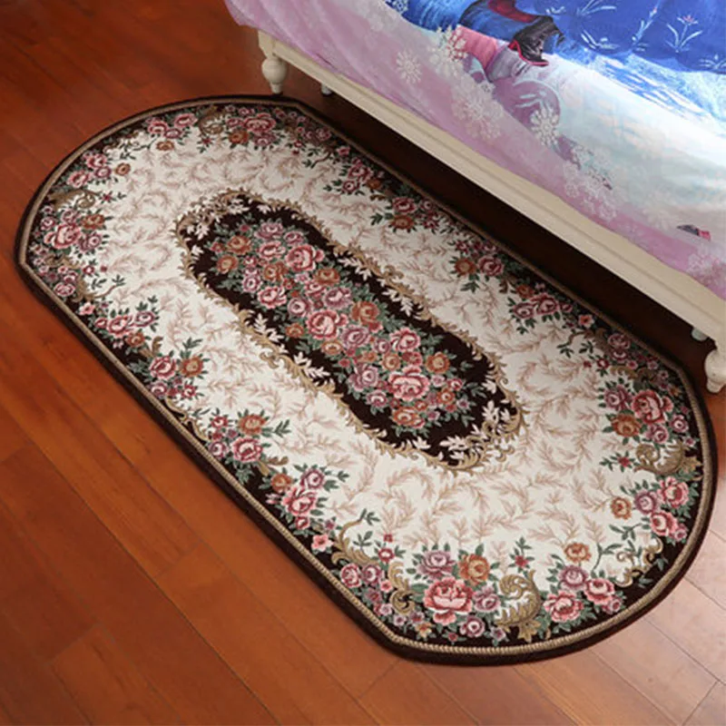 European Oval Carpet Jacquard Bedside Area Rug For Living Room Brown Rose Rug Home Decor Coffee Dining Table Oval Rug Non-Slip