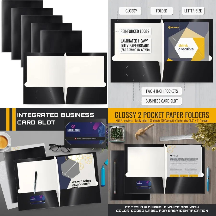 사무용 레터 사이즈 블랙 종이 포트폴리오, 2포켓 광택 라미네이트 처리된 블랙 종이 폴더, 견고한 마감 처리로 이상적