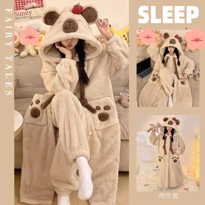 

Women's pajamas Comfortable Sleepwear Cotton Pajama Set winter autumn High Quality Teen Coral Fleece Thick Flannel Home Suit