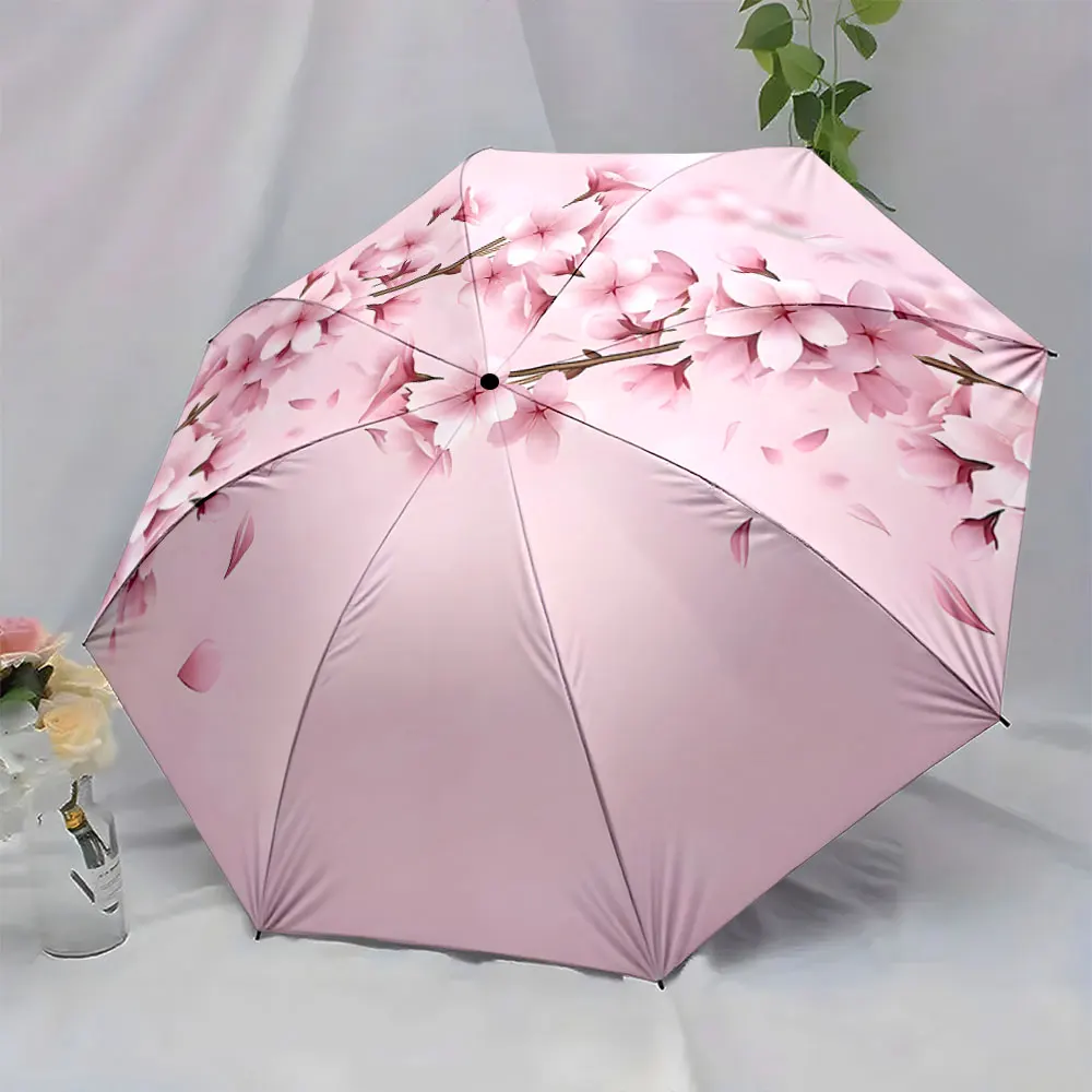 1PC Elegant Pink Blossom Umbrella Design for Stylish Protection Print 8 Iron Ribs Folding Umbrella Auto-Open Fashion Sunshade
