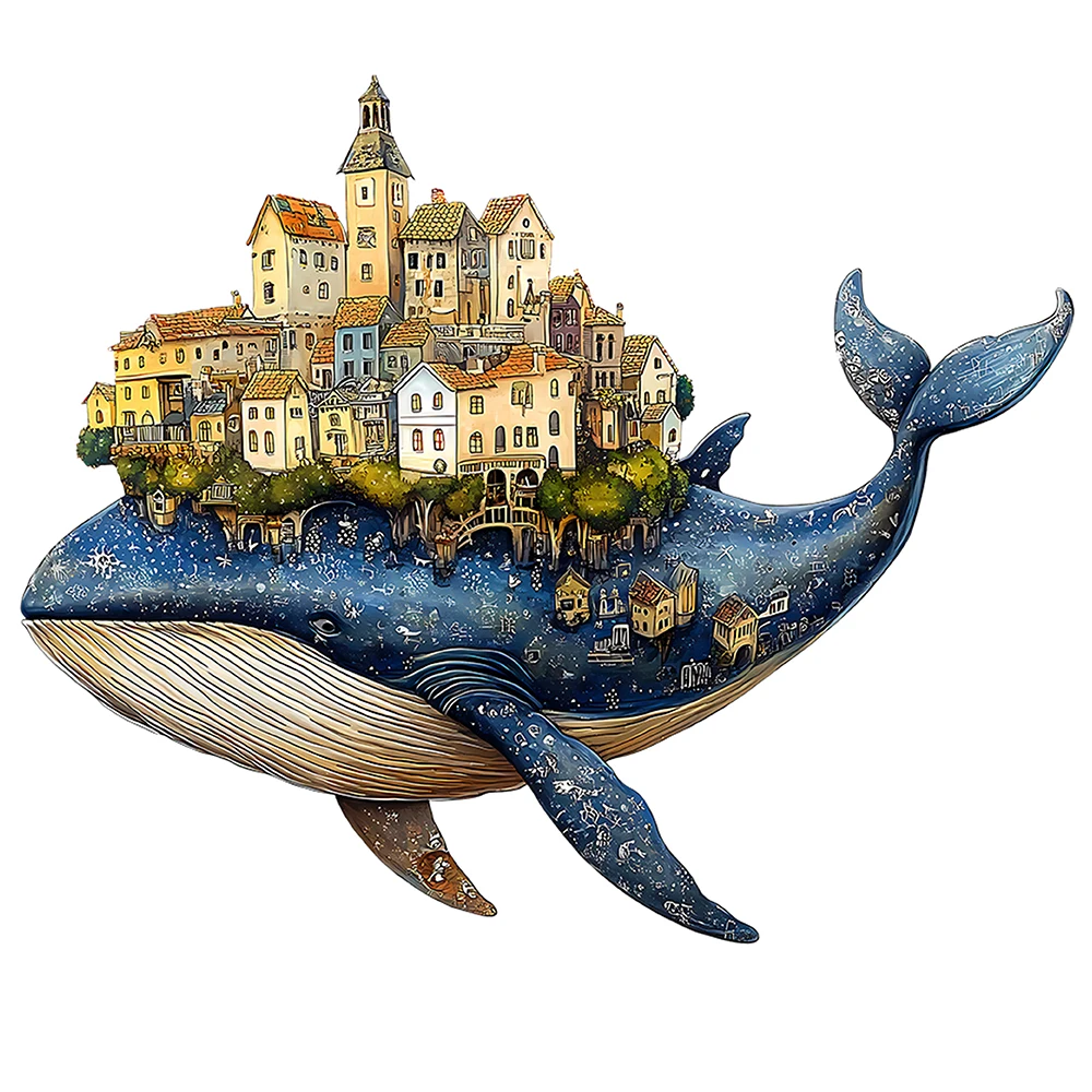 

Whimsical City on Whale's Back Wooden Puzzle – Artisan-Crafted with Irregular Whale-Shaped Pieces, Alien Fantasy Elements & Exqu