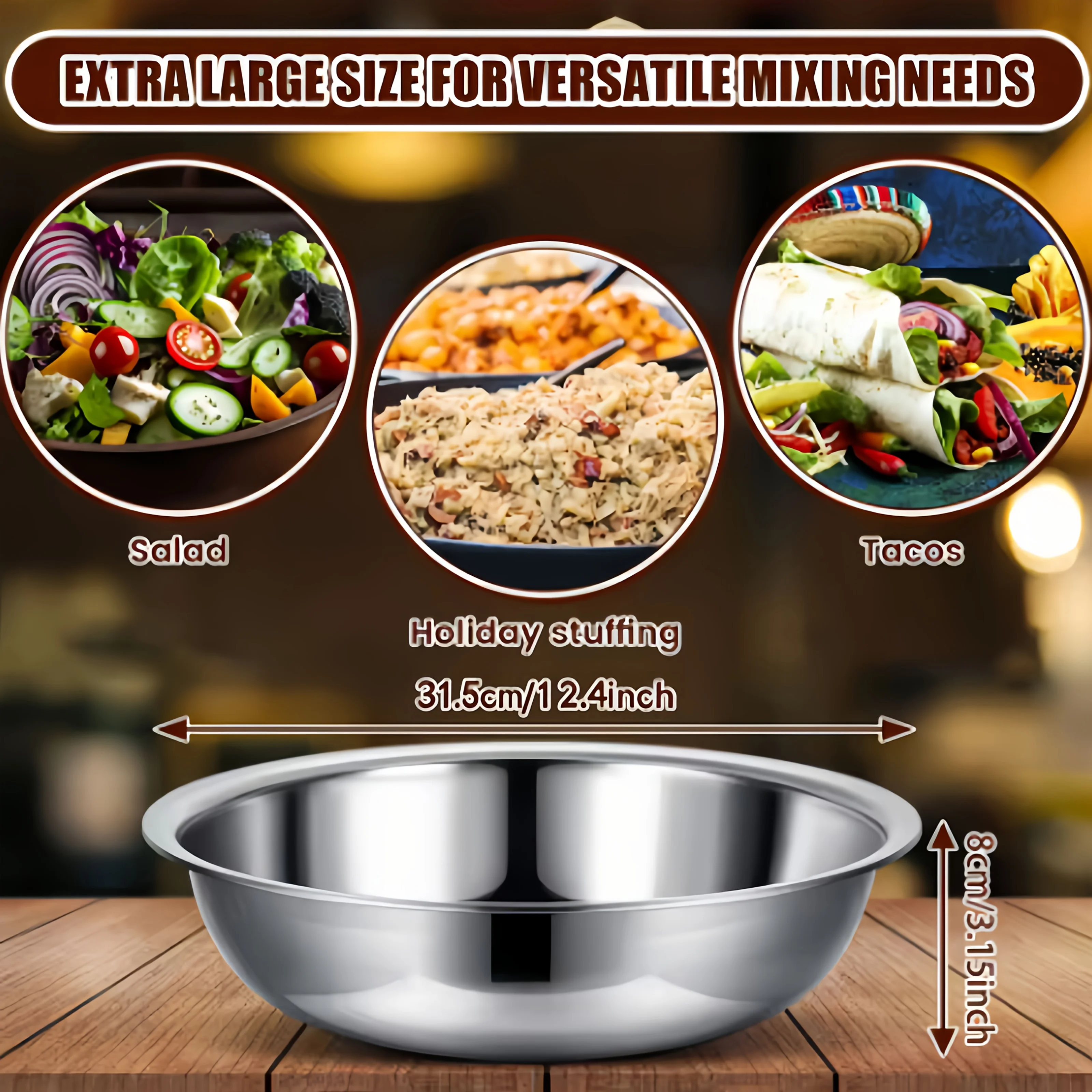 1Pcs, 32cm Stainless Steel Mixing Bowl, Large Capacity, Deep Bowl Design Suitable for Home Cooking, Bulk Baking, Making Large Quantities of Salads, and Marinating Whole Chickens, Suitable for Baking, Making Bread Dough, Making Large Salads, Marinating Meat, Meal Prep, and Party Occasions Dishwashers Are Safe to Use and Are an Essential Kitchen Appliance, Suitable for Prepping Meals, Marinating for Barbecues, Baking, Making Salads, and Serving Dishes. view 6