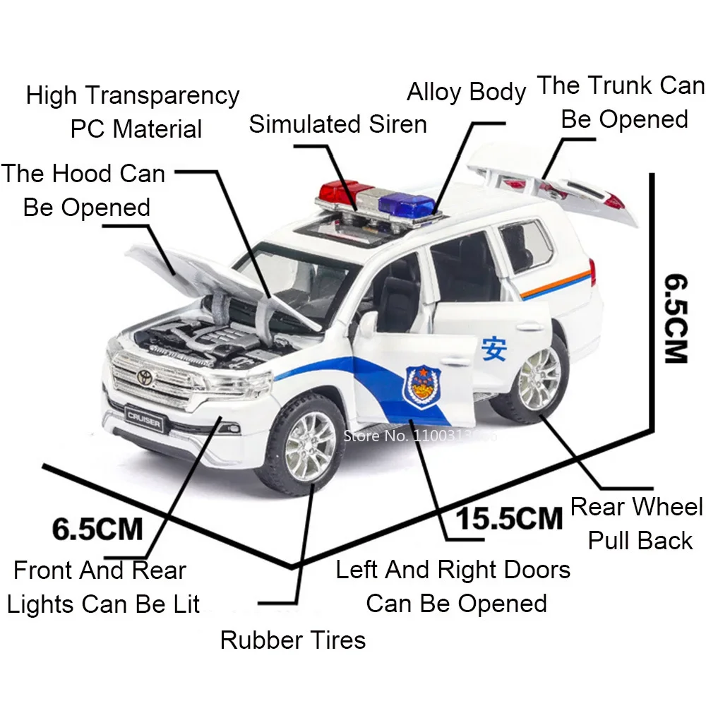 1:32 Toyota LAND CRUISER Police Cars Alloy Models Diecast Toy Rubber Tires 6 Doors Opened Pull Back Vehicles Toys Boys Gifts