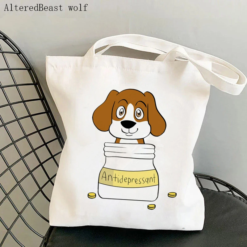 

Women Shopper bag Beagle Antidepressant Kawaii Bag Harajuku Shopping Canvas Shopper Bag girl handbag Tote Shoulder Lady Bag