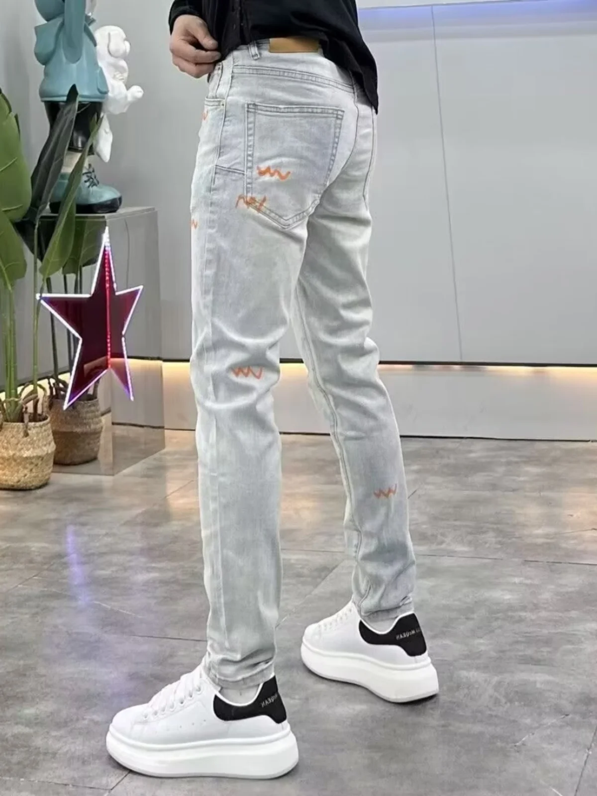 

Spring Autumn New Style Men's Slim Fit Jeans Yellow Mud Color Trendy Brand Print Comfortable Breathable Long Pants Casual Wear