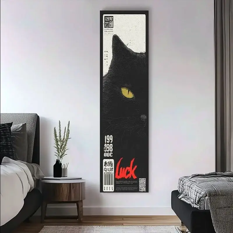 VIKAMA Black Cat Luck Tapestry Long Narrow Wall Hanging Vintage Retro Poster Cool Wall Art for Bedroom Living Room Dorm Decor