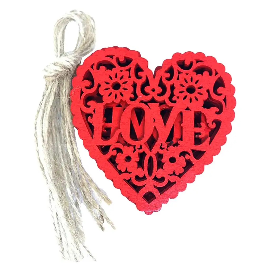 10 Pieces Heart Wooden Embellishments Wood Tags Love Heart Hanging Ornament with Twines Red Color