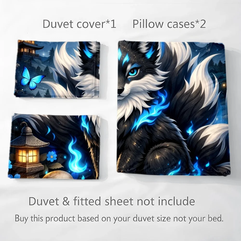 3Pc Mysterious Nine-Tailed Fox Duvet Cover Set, Three-Piece Bedding Set (1*Duvet Cover + 2*Pillowcases), Suitable for All Seasons, Machine Washable, Invisible Zipper Personal Bed Cover, Japanese Style Ancient Blue Flame Fox Bedding, Suitable for Home, Dormitory, Master Bedroom, Guest Room, Large Duvet Cover Bedding Set, Dreamy Starry Sky Skull Floral Print, Comfortable and Skin-Friendly, Easy-To-Care Bed Cover Set, Hot-Selling Anime Style Three-Piece Bedding Set 2D Flat Print view 4