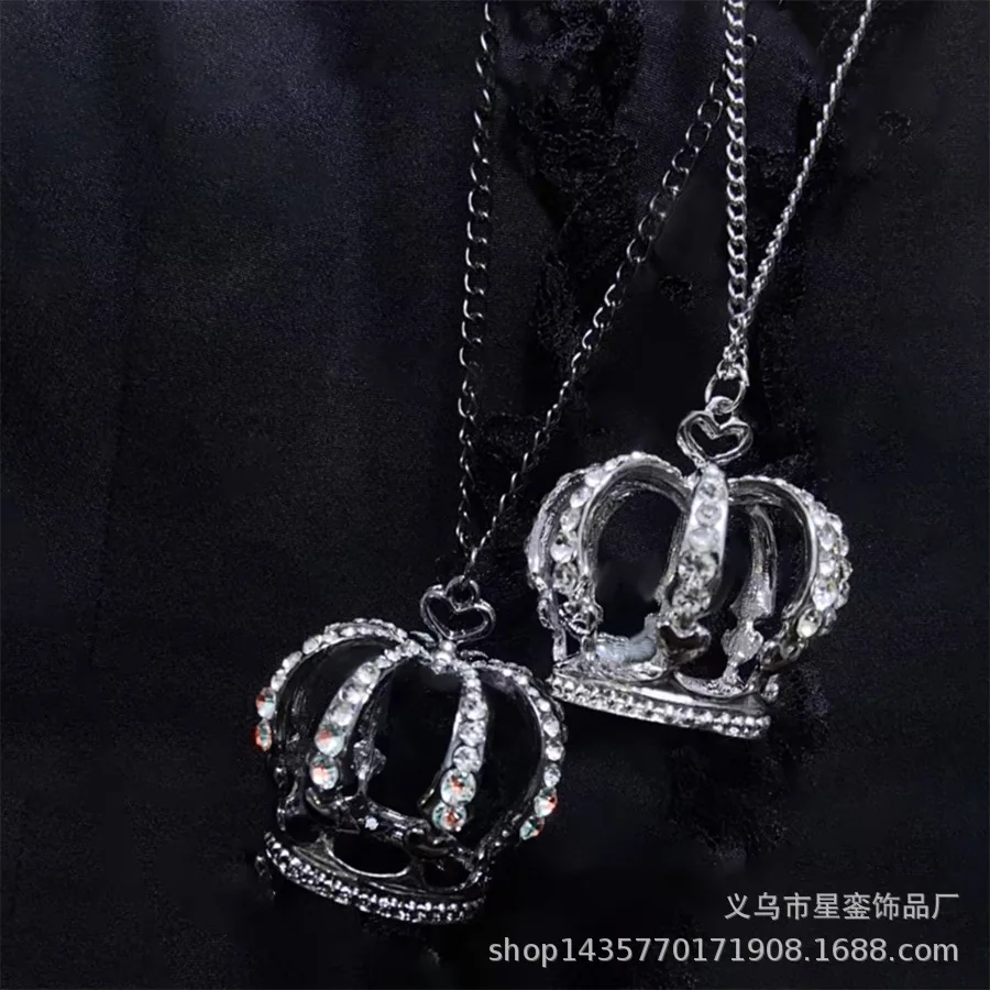 Oversized Landmine Full Drill Crown Pendant Sweater Chain 80cm Clothing Accessories Exaggerated Style Metal Crown Sweater Chain