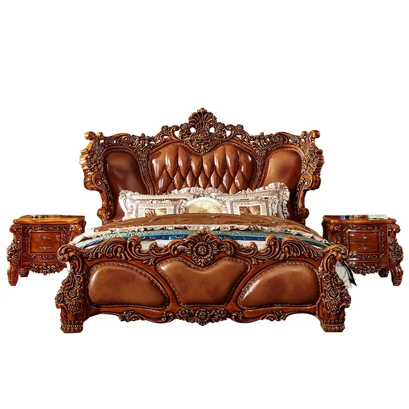 European-style Luxury Villa 2 Meters Wide Bed Solid Carved First Layer Cowhide Luxury Hotel Bed Frames Queen Size