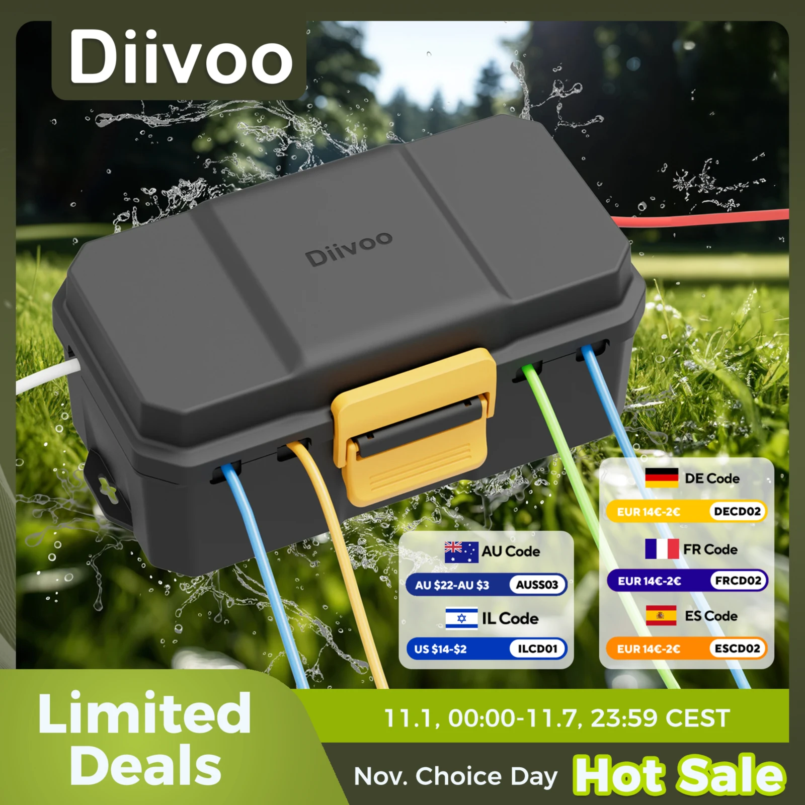 

Diivoo Outdoor Waterproof Electrical Box Outside 6 Cable Connection Socket Enclosure Protect Power Strip Timer Outlet Plug