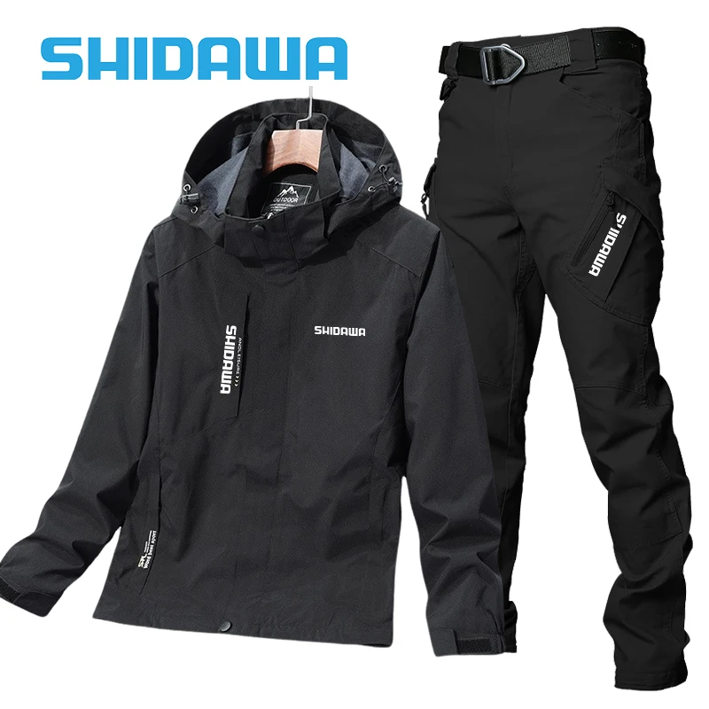 Men's Spring Autumn Thin Fishing Suits Outdoor Sports Mountaineering Clothes Windproof Waterproof Hooded Cycling Jacket + Pants