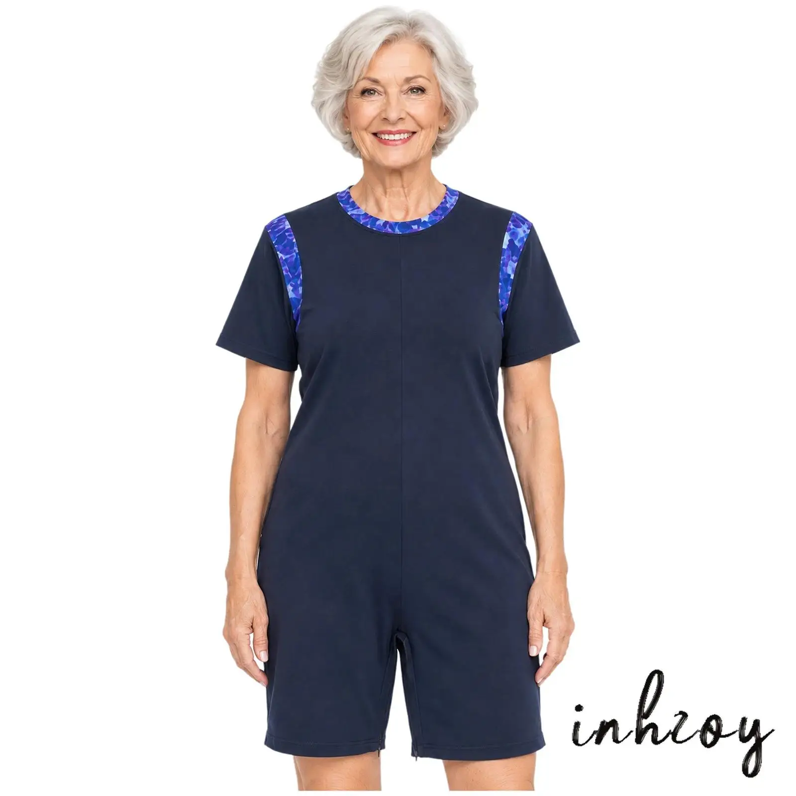 Women Adaptive Jumpsuit Floral Print Short Sleeve Anti-strip Zipper Crotch Bodysuit Alzheimer Special Needs Elderly Nursing Wear