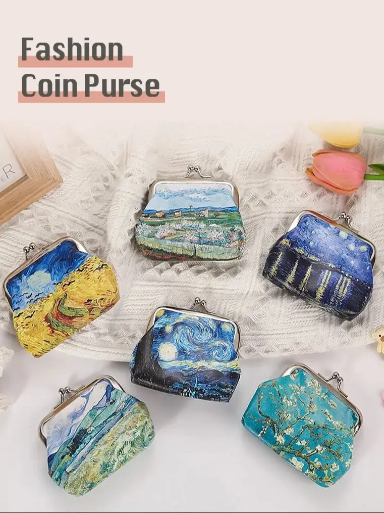 

12 PCS Fashion PU Leather Coin Purse Van Gogh Printing Women Small Change Money Bags Key Holder Case Wallet Mini Pouch Souvenir