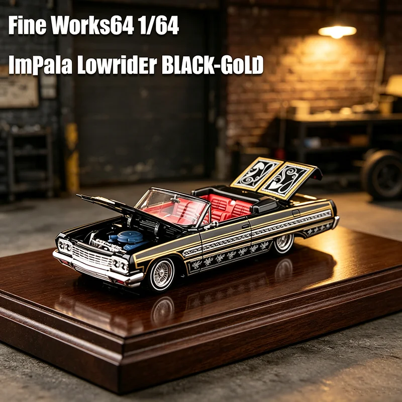 Fine Works64 1/64 Scale Impala Lowrider Black‑Gold Bounce Car Alloy Car Model Classics Adult Souvenir Gift Static Display