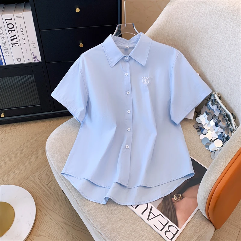 夏用コットン刺繍入りルーズフィットトップス レディース スイートスクール風 薄手カジュアルトップ 韓国風襟付き