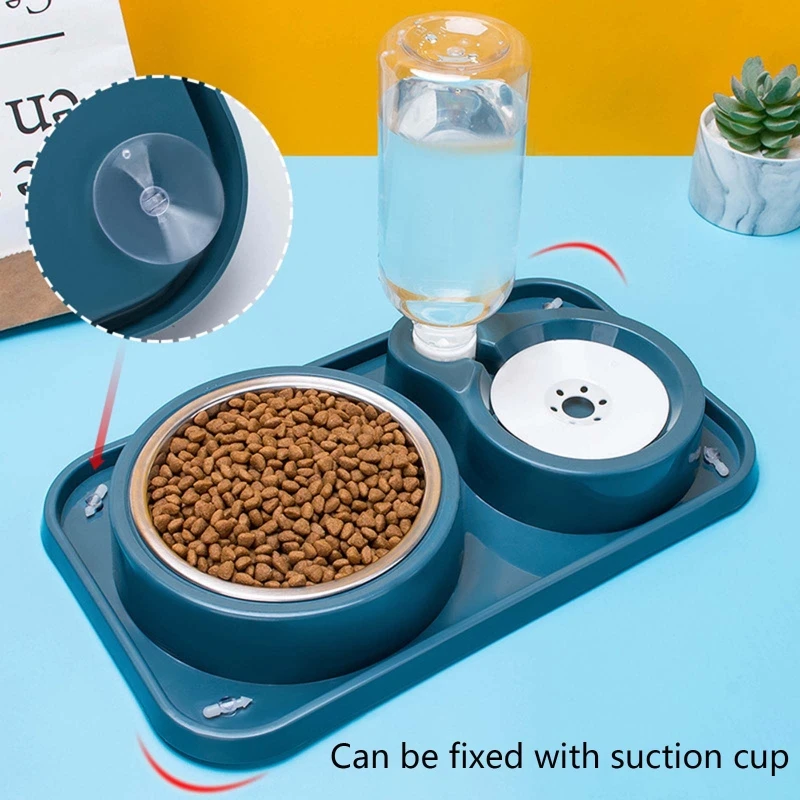 Automatic Pet Cat Feeder Waterer Detachable Dog Cat Stainless Steel Bowl Anti-Leak Water Fountain Slanted Raised Cat Food Bowls