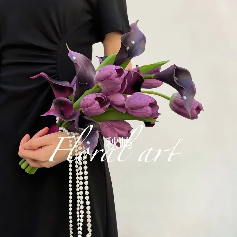 

Премиальный букет из фиолетовых калл и тюльпанов для невесты, реквизит для свадебных фотосессий, украшение для дома