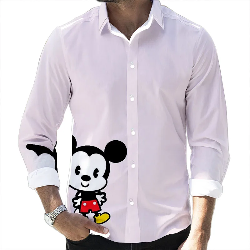 Fall New Disney Cartoon Casual 3D Printed Men\'s Long Sleeve Lapel Slim Fit Mickey Mouse and Winnie the Pooh Brand Men\'s Top