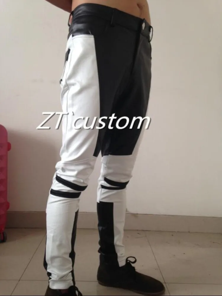 2025 Men\'s Fashion Stitching Leather Pants Stage Ds Bar Nightclub Singer Dance Plus Size PU Trousers Costumes Male Clothing