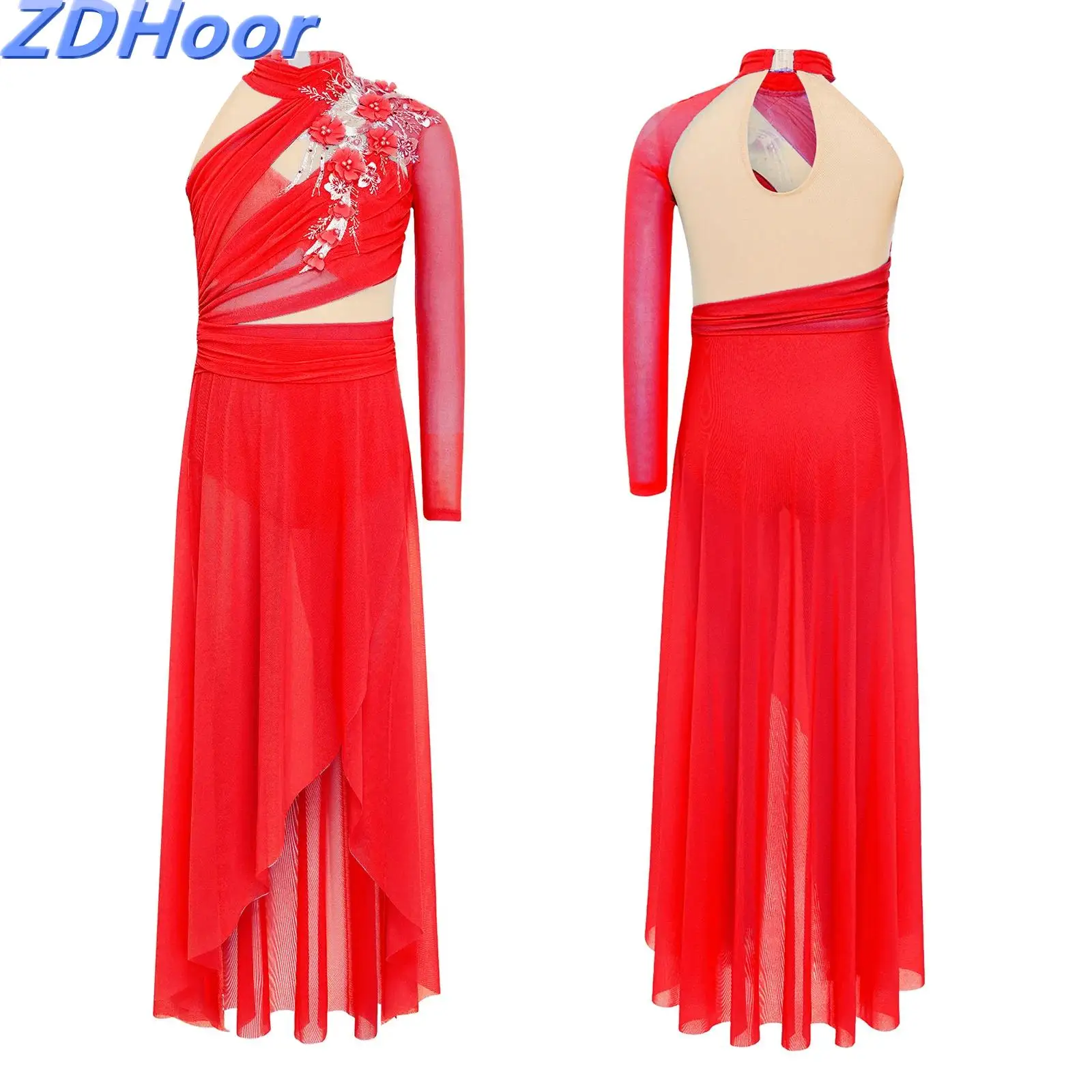

Kids Girls Lyrical Irregular Hem Dance Dress Keyhole Back Side Split Asymmetrical Ruched Mesh Delicate Applique Dress