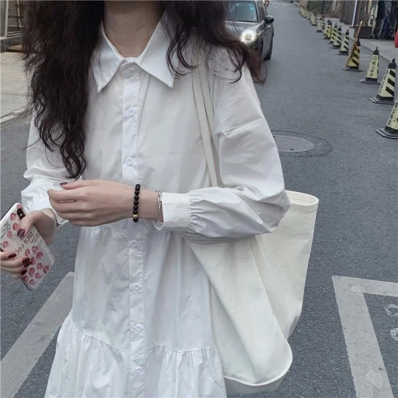French Fashion Turn Down Collar Long Sleeve Shirt All Match Single Breasted A-line Loose Casual Dress Preppy Dress