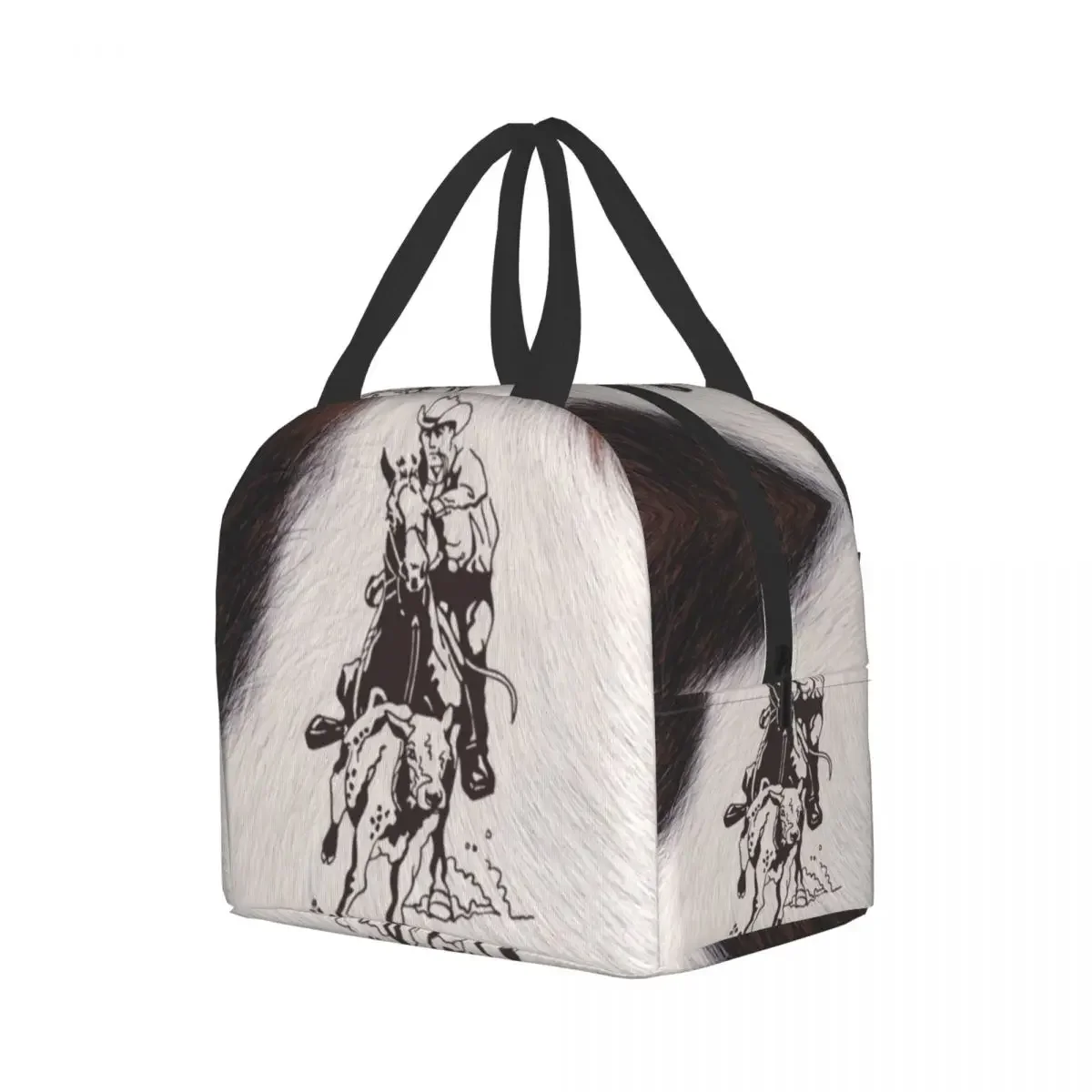 Western Cowboy Rodeo Horse Cowhide Cow Print Lunch Bag Resuable Cooler Thermal Insulated Lunch Box for Women School Work Picnic