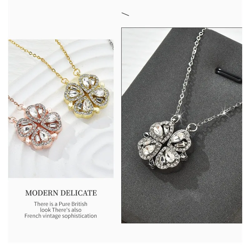 

A woman wearing a heart-shaped collarbone necklace. This four-leaf clover necklace is designed for ladies