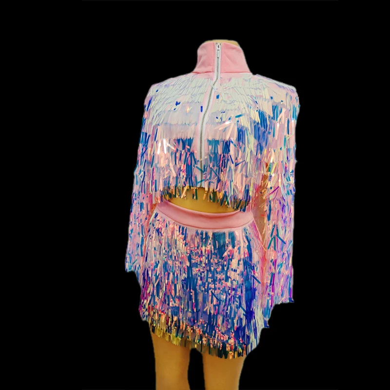 Rosa und lila Pailletten-Quasten-Laser-Outfit für Damen, bunt, Tanz, Sänger, Bühnenoberteil, Rock, Nachtclub, Bar, DJ, DS, Performance-Kostüm – Detail 6