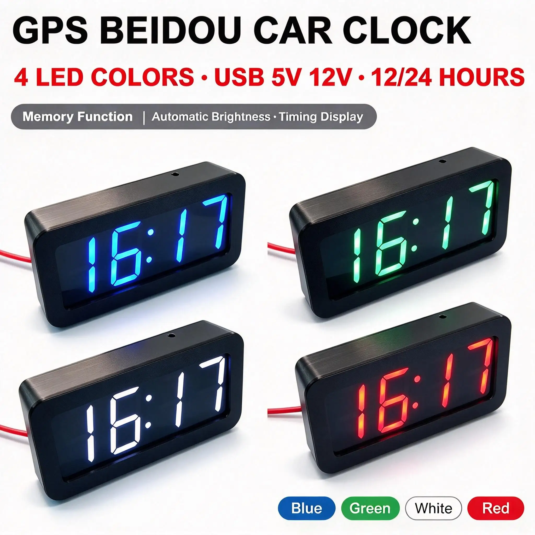 DYKB GPS Beidou Car Clock LED Digital Electronic Clock USB 5V 12V Auto Timing No Manual Set Power Off Memory Auto Brightness