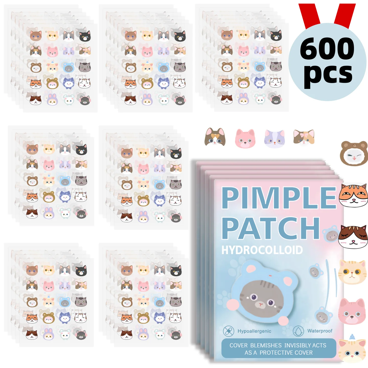 600pieces of cartoon cat acne patches, facial acne patches, concealer acne patches, and pimples patches. Ultra-thin and breathab
