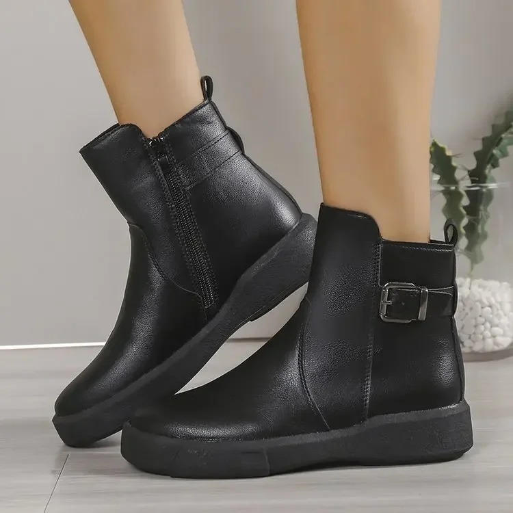 Shoes for Women 2024 Fashion Winter Women\'s Boots Solid Color Round Toe Zipper One Word Buckle Low-heeled Zapatillas De Mujer