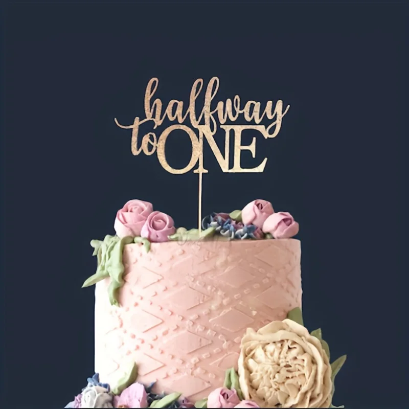 1 pacote de decoração de bolo meio caminho para um – decorações de bolo de aniversário com glitter dourado 1/2, perfeito para festa de revelação de gênero