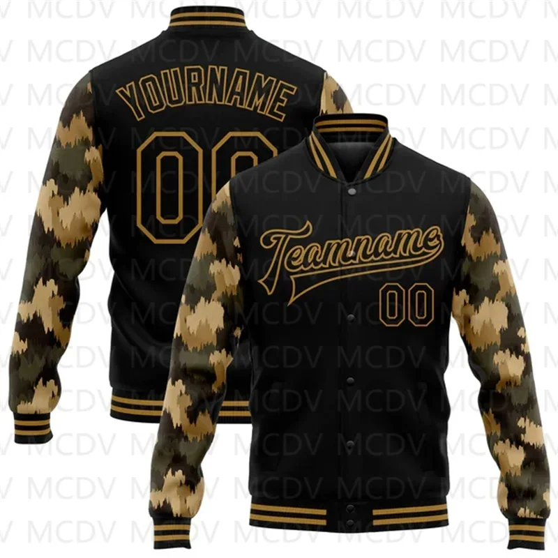 Custom Black Gold Fish Camo Sleeves 3D Pattern Design Bomber Full-Snap Varsity Letterman Jacket