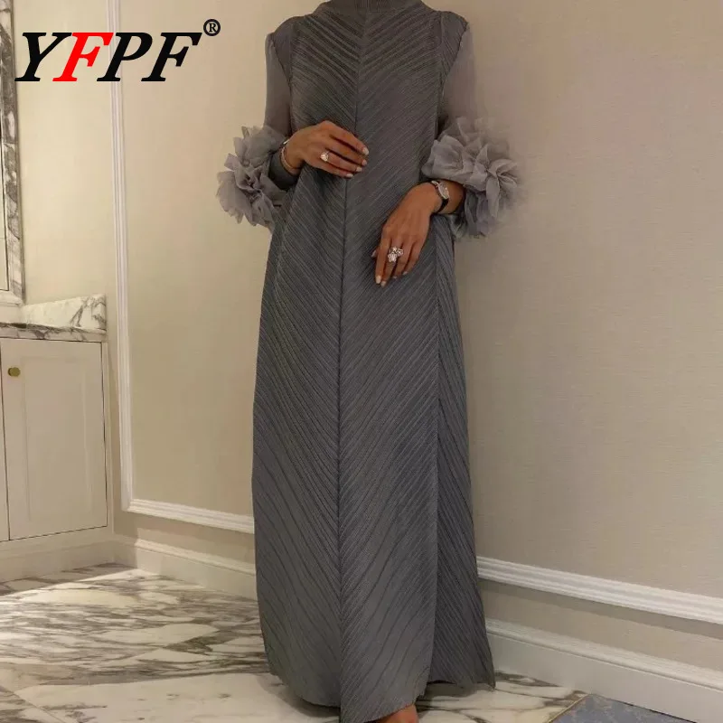 

YFPF Elegant Miyake Pleated Design Party Dress For Women Fashion Solid Color 3D Floral Sleeve Loose Long Dresses 2025 New 3A167