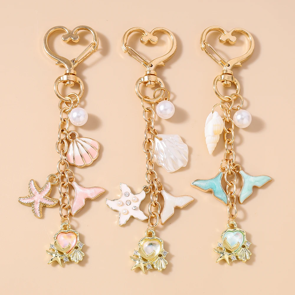 

Pretty Shell Conch Starfish Keychain Crystal Love Heart Key Ring for Women Girls Handbag Pendants DIY Key Chain Gift
