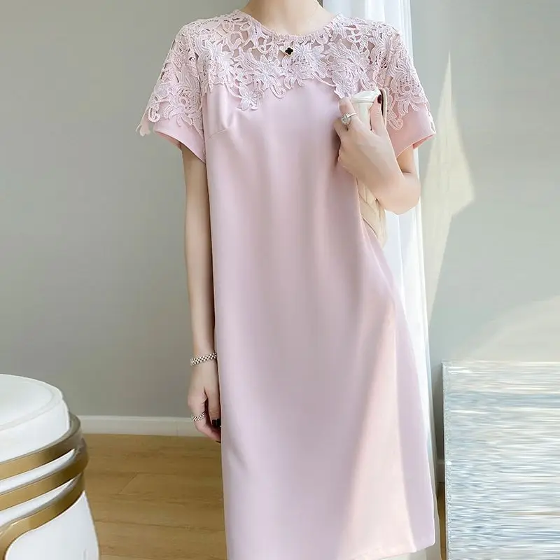 Lace Embroidered Silk Dress Spring Summer New Women\'s Temperament Fashionable Commuting Long Skirt Solid Color Versatile Dresses