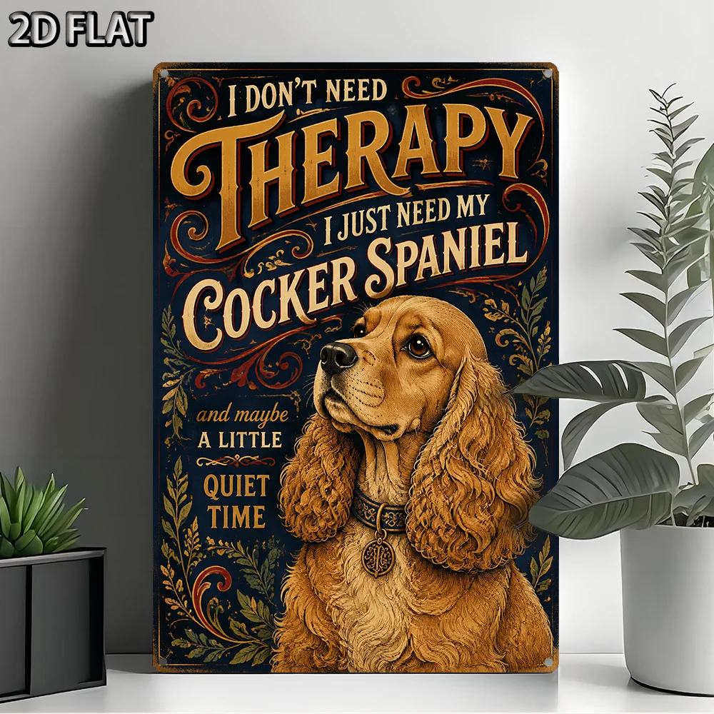 2D Flat, Vintage Rectangular Aluminum Plaque, Cocker Spaniel Retro Style Metal Wall Sign, Cocker Spaniel Quiet Time Vintage