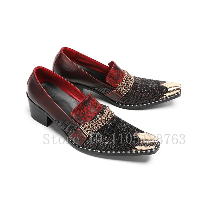 Luxury Crocodile Pattern Leather Dress Shoes Men Metal Chain Decor Golden Metal Tip Slip On Party Wedding Formal Business Shoes