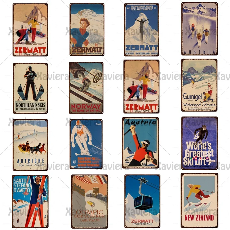 

Skiing Travel Metal Sign Zermatt Travel Ski Propaganda Poster Retro Plaque Verbier Cable Iceland Landscape Iron Plate Wall Decor