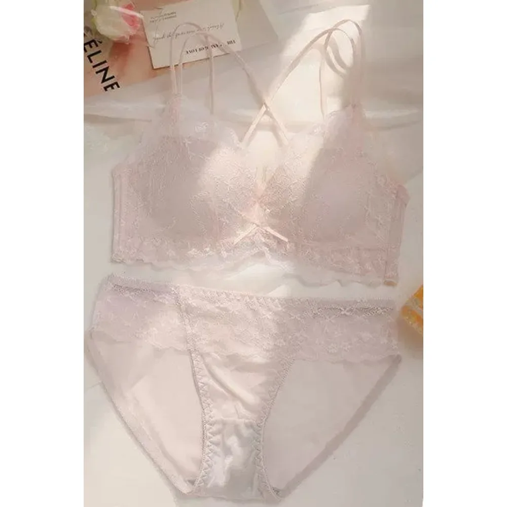 Women Lace Lingerie Kit French Sweet Wireless Push Up Bra Thin Shoulder Strap Back Design Soft Underwear For Small Chest 32-38AB