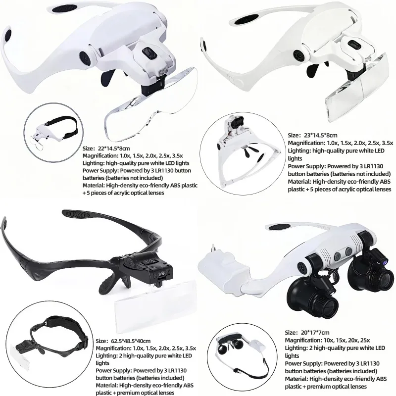 1.0X-3.5X 10X-25X Interchangeable Lens Head Magnifier Dual LED Light Loupe for Watch & Jewelry Repair Soldering Craft Reading
