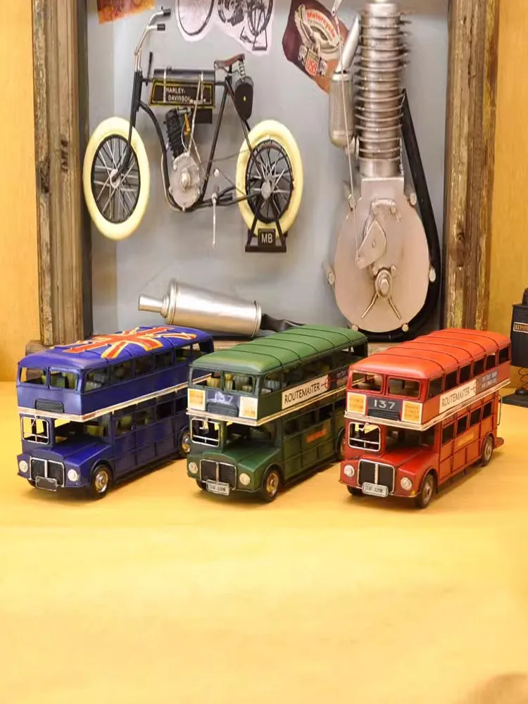 Vintage Iron Desktop Ornament Featuring Classic Double Decker Bus Design Handcrafted With Industrial Aesthetic Ideal For Study S