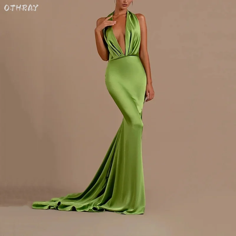 Vestidos De Noche Prom Dresses Sexy Backless Deep V-Neck Suspender Pleated Evening Dress Special Occasion Gown Green