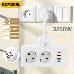 EU KR Plug Power Strip, 3250W Tomadas AC, Portas de carregamento rápido USB, Tomada de parede, Tomada elétrica para casa e escritório