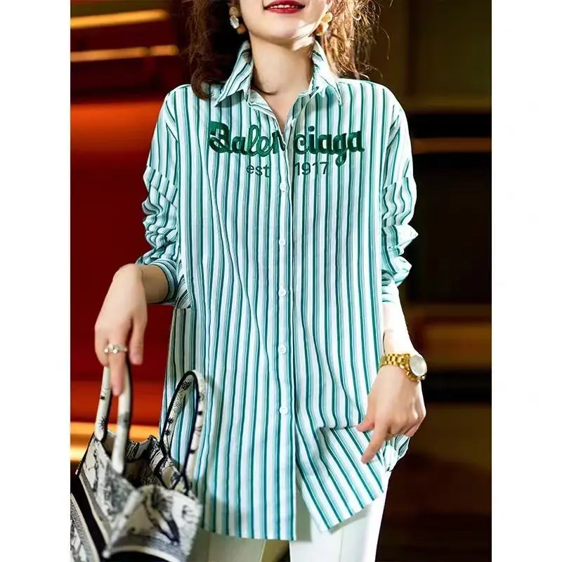 Fashion Lapel Striped Letter Embroidery Shirts Women's Clothing 2023 Autumn Winter Oversized Casual Tops Asymmetrical Blouses