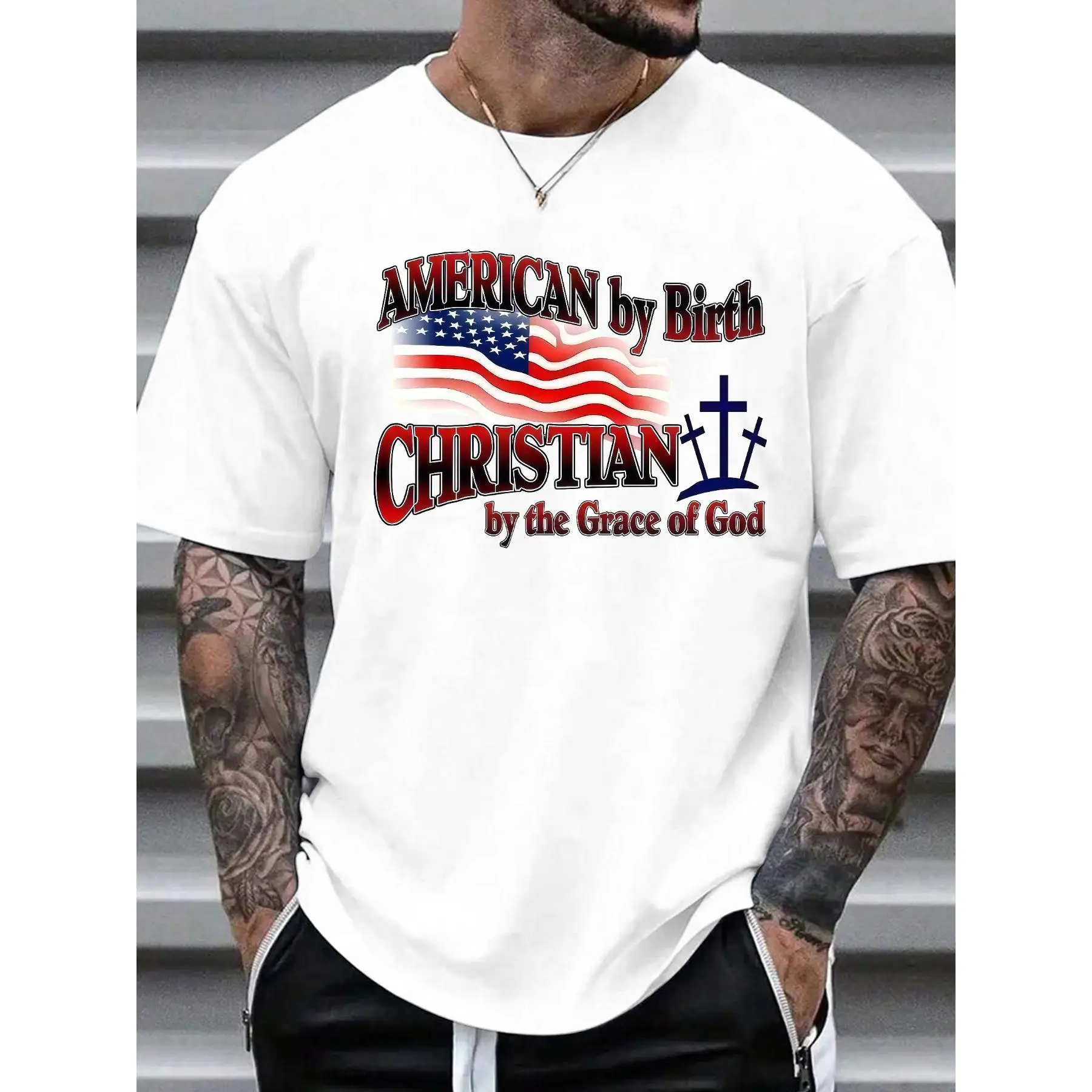 

American By Birth Christian By Grace of God" T-Shirt US Flag Print Tee Unisex Cotton Short Sleeve Top Patriotic Faith Gift